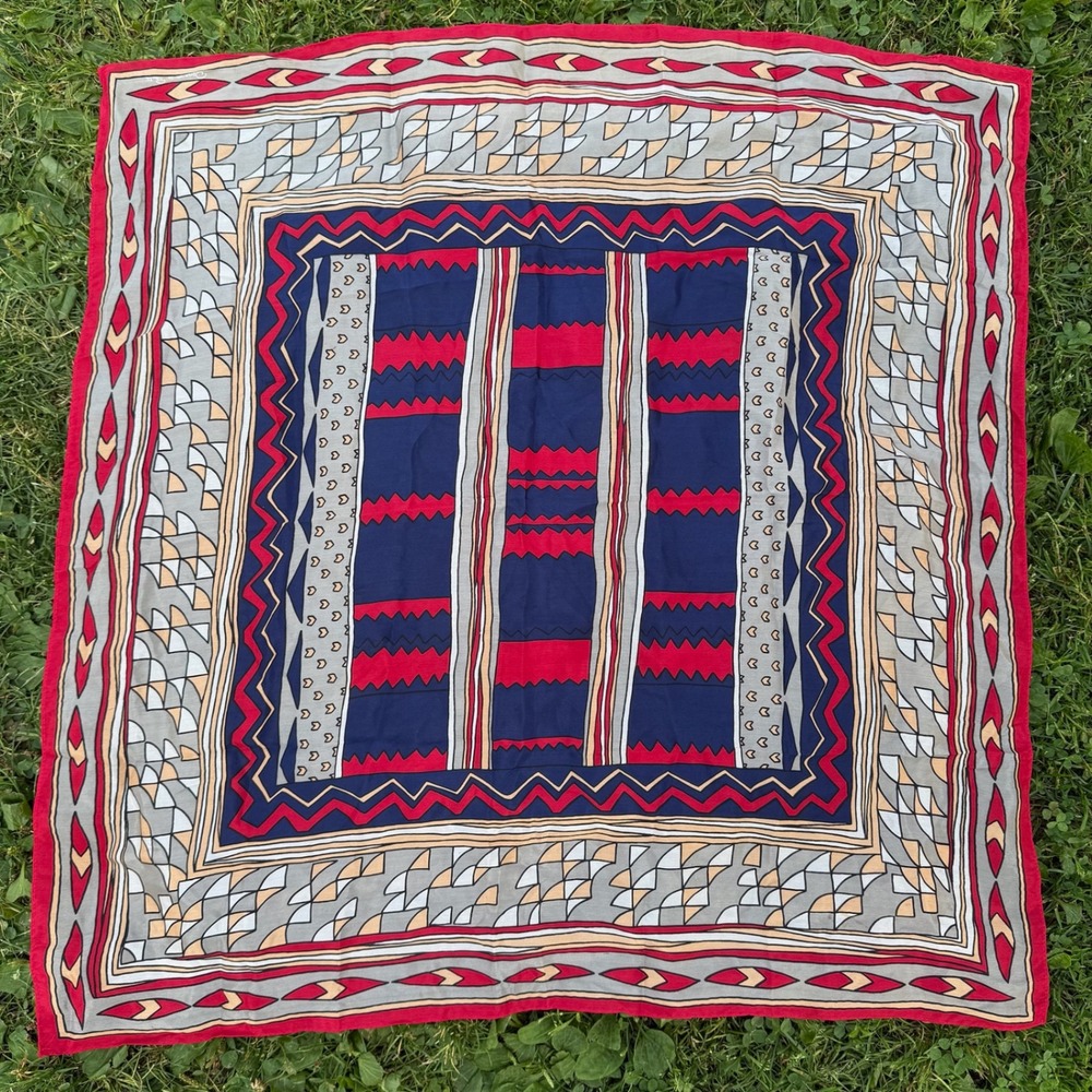 Oscar de la Renta Scarf OS Red Blue Geometric Abstract Silk Square Vintage